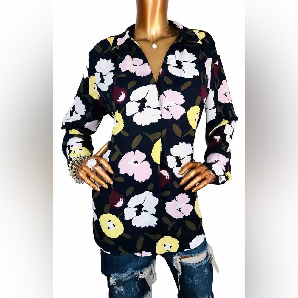 Ann Taylor Floral Long-Sleeve Collard Blouse